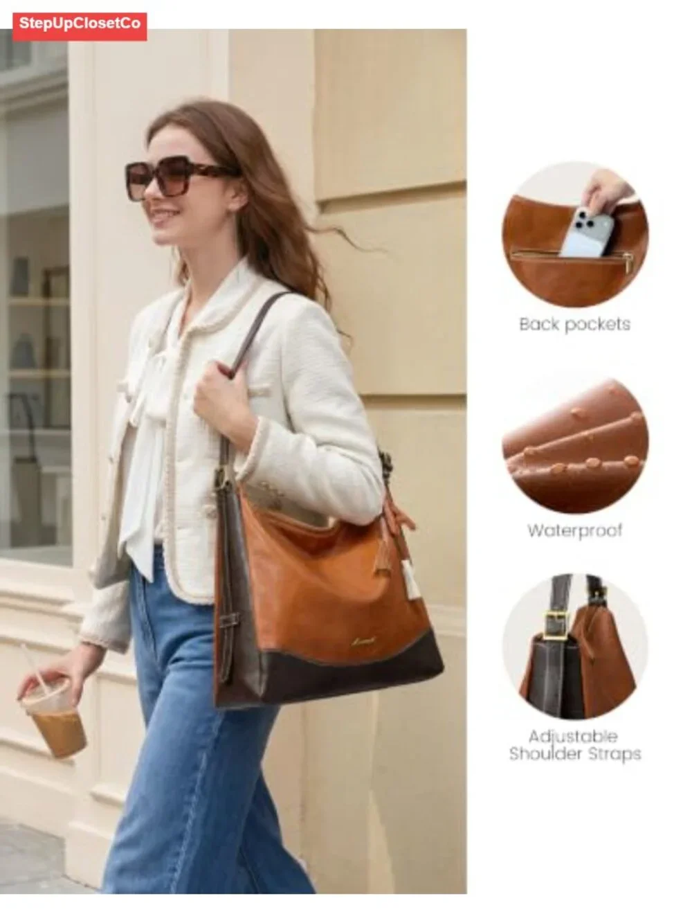 Hobo Bag Women Crossbody Shoulder Purse Faux Leather Hidden Cup Holder Large
